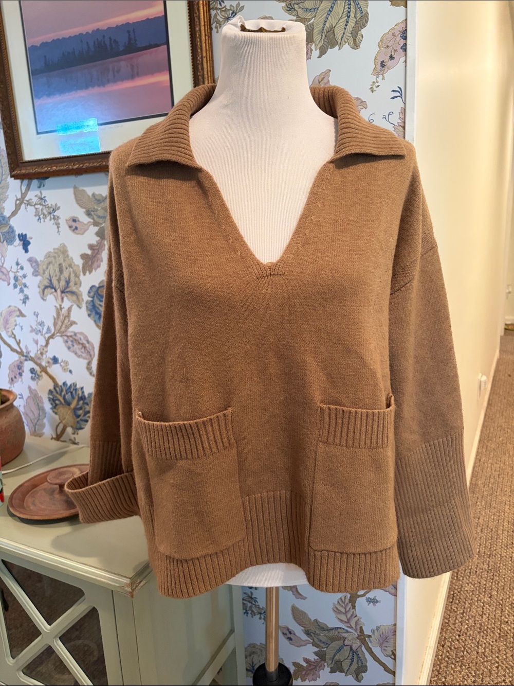 All Row Women's V-Neck Collared Poncho Pocket Sweater